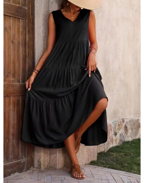 Kadın Askılı V Yakalı Uzun Dokuma Viskon Elbise