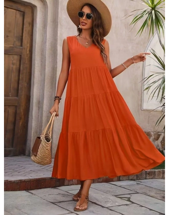 Kadın Askılı V Yakalı Uzun Dokuma Viskon Elbise