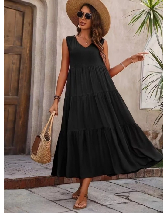 Kadın Askılı V Yakalı Uzun Dokuma Viskon Elbise