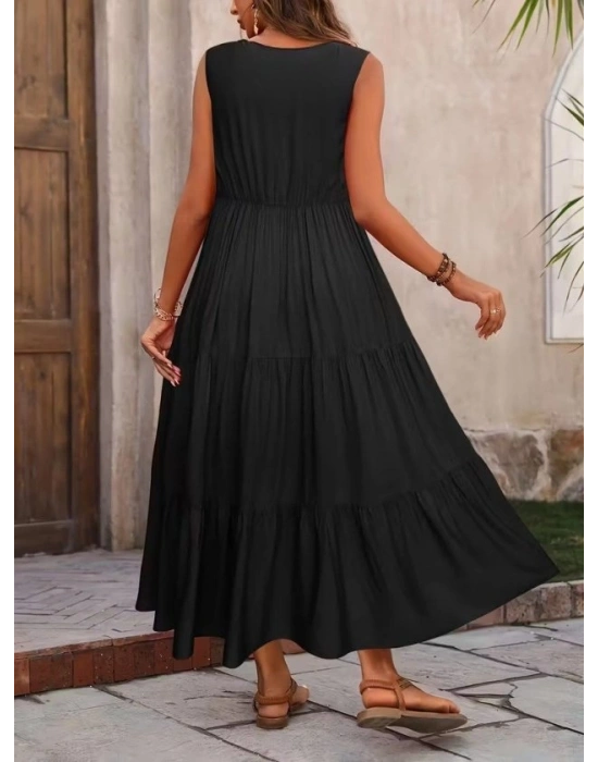 Kadın Askılı V Yakalı Uzun Dokuma Viskon Elbise