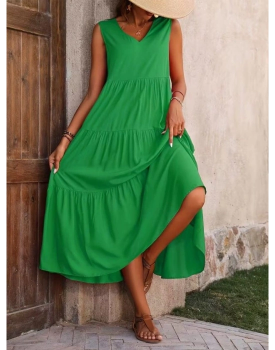 Kadın Askılı V Yakalı Uzun Dokuma Viskon Elbise