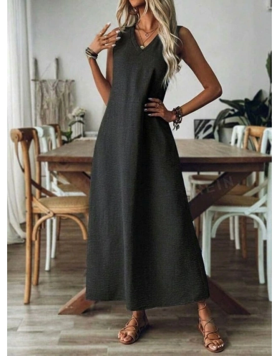 Kadın Askılı V Yakalı Uzun Elbise