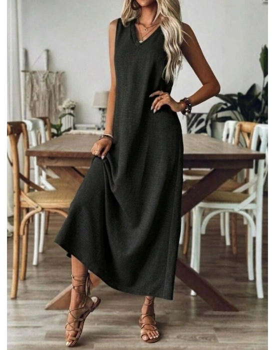 Kadın Askılı V Yakalı Uzun Elbise