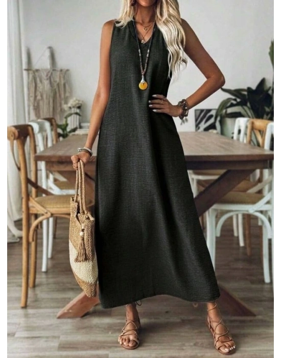 Kadın Askılı V Yakalı Uzun Elbise