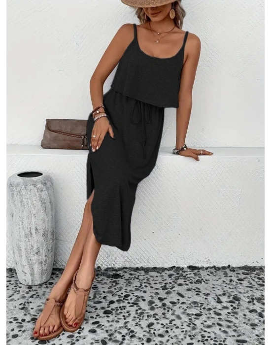 Kadın Askılı V Yakalı Viskon Bluz Ve Bağcıklı Etek Ikili Takım