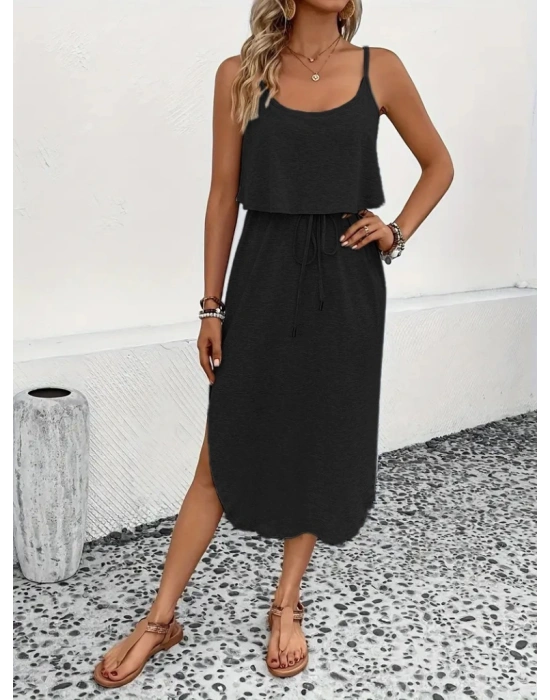 Kadın Askılı V Yakalı Viskon Bluz Ve Bağcıklı Etek Ikili Takım