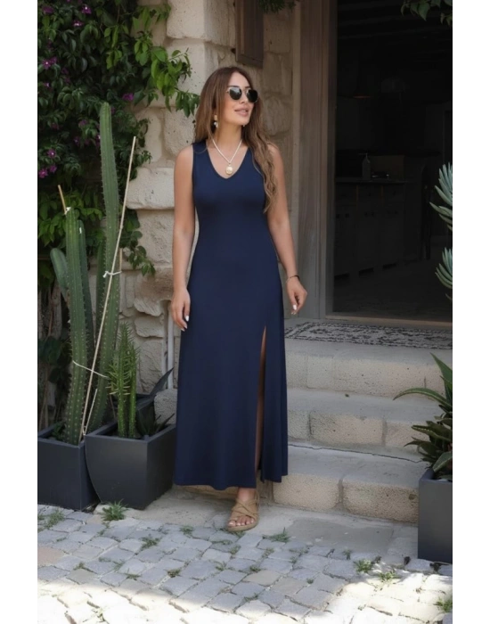 Kadın Askılı V Yakalı Yırtmaçlı Uzun Viskon Elbise