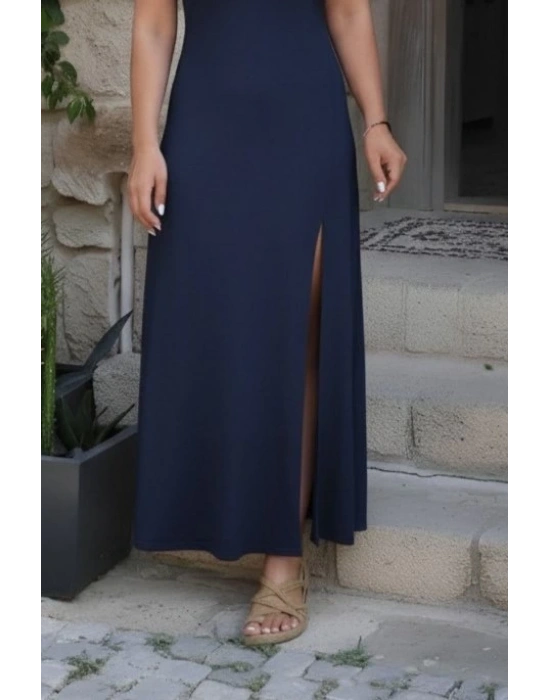 Kadın Askılı V Yakalı Yırtmaçlı Uzun Viskon Elbise