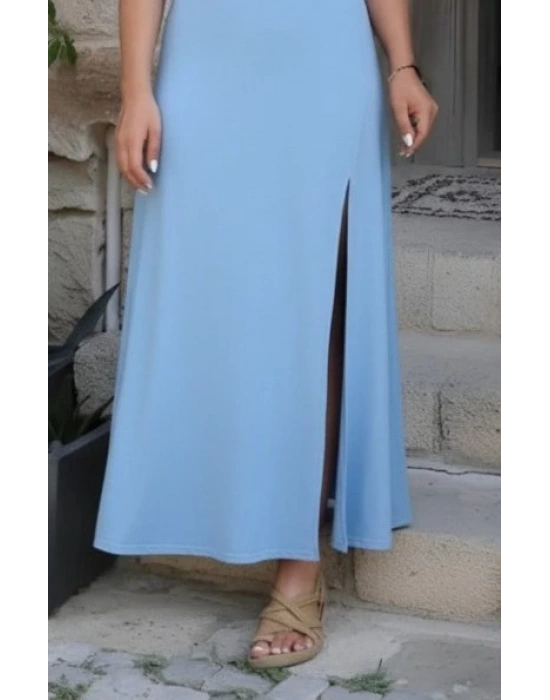 Kadın Askılı V Yakalı Yırtmaçlı Uzun Viskon Elbise