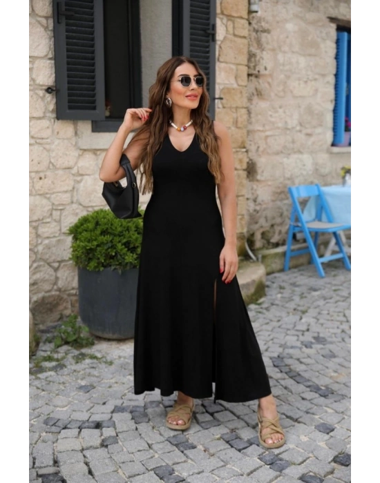 Kadın Askılı V Yakalı Yırtmaçlı Viskon Elbise