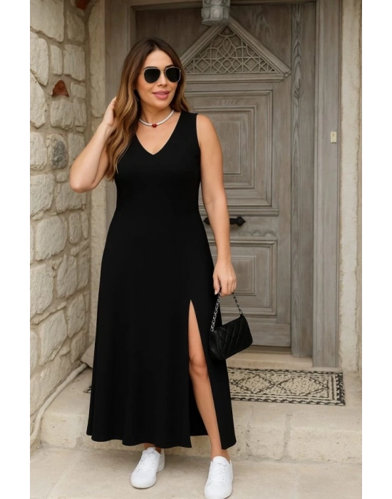 Kadın Askılı V Yakalı Yırtmaçlı Viskon Elbise