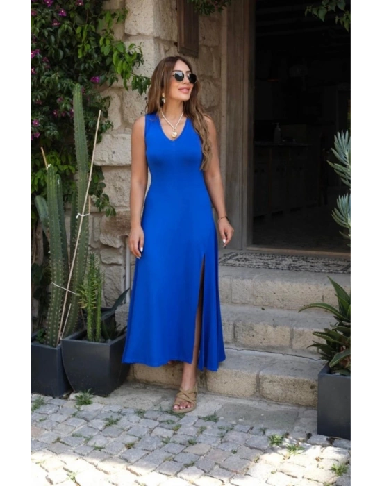 Kadın Askılı V Yakalı Yırtmaçlı Viskon Elbise