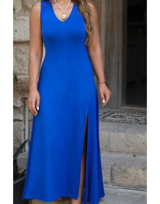 Kadın Askılı V Yakalı Yırtmaçlı Viskon Elbise