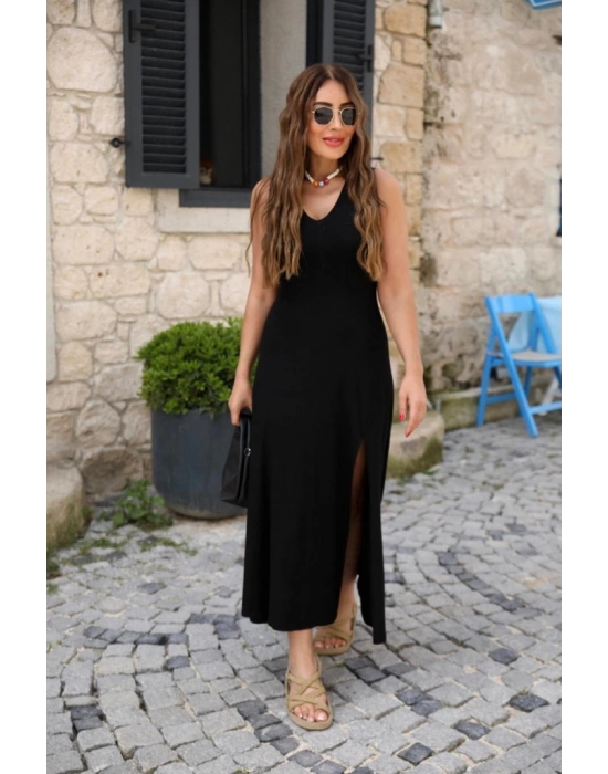 Kadın Askılı V Yakalı Yırtmaçlı Viskon Elbise