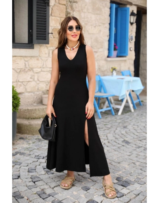 Kadın Askılı V Yakalı Yırtmaçlı Viskon Elbise