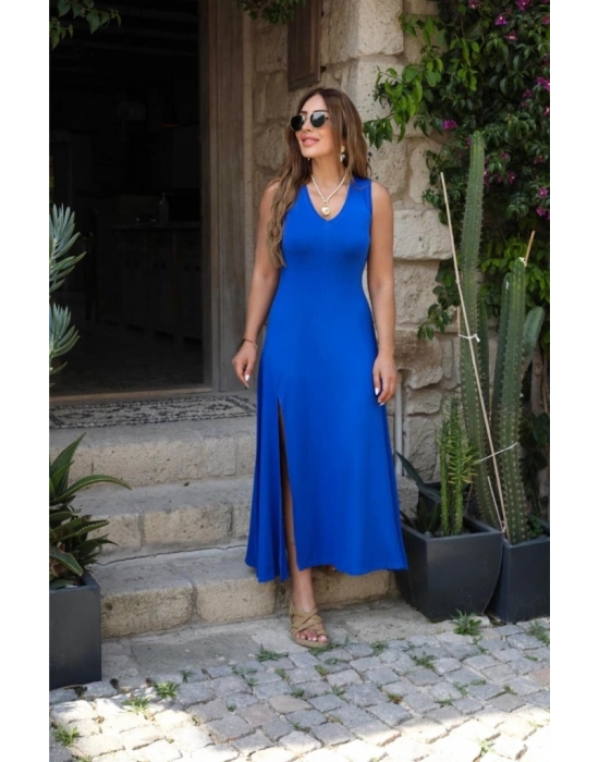 Kadın Askılı V Yakalı Yırtmaçlı Viskon Elbise