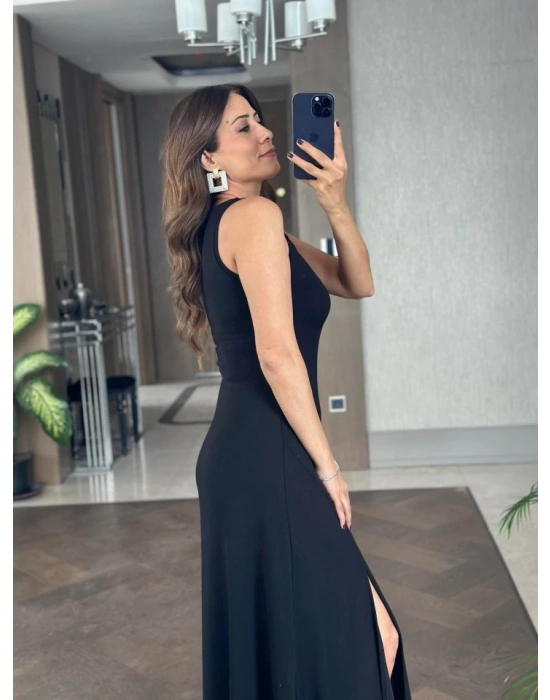 Kadın Askılı V Yakalı Yırtmaçlı Viskon Elbise