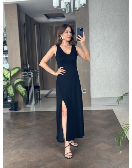 Kadın Askılı V Yakalı Yırtmaçlı Viskon Elbise