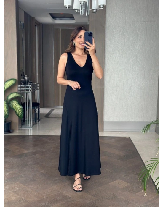 Kadın Askılı V Yakalı Yırtmaçlı Viskon Elbise