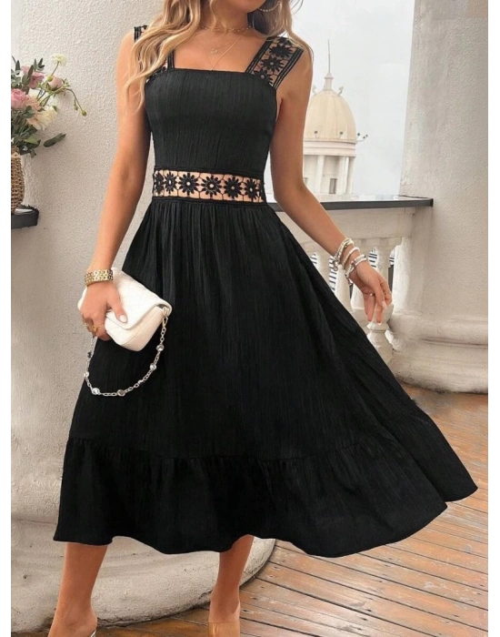 Kadın Askılı Ve Beli Dantel Detaylı Fırfırlı Uzun Bürümcük Elbise