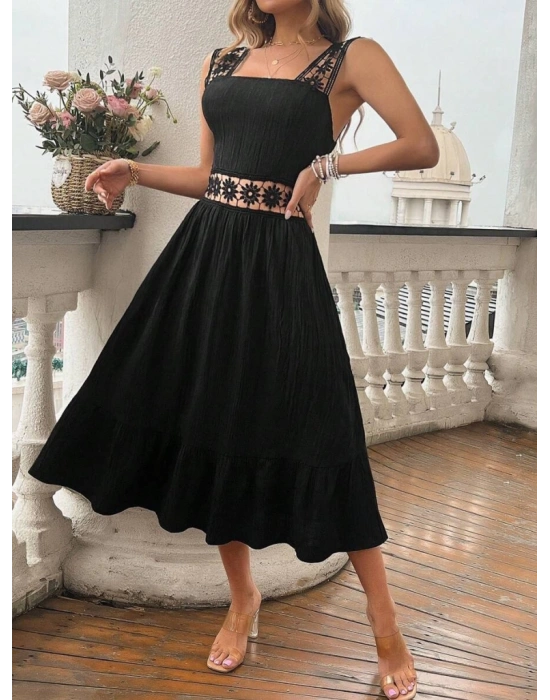 Kadın Askılı Ve Beli Dantel Detaylı Fırfırlı Uzun Bürümcük Elbise