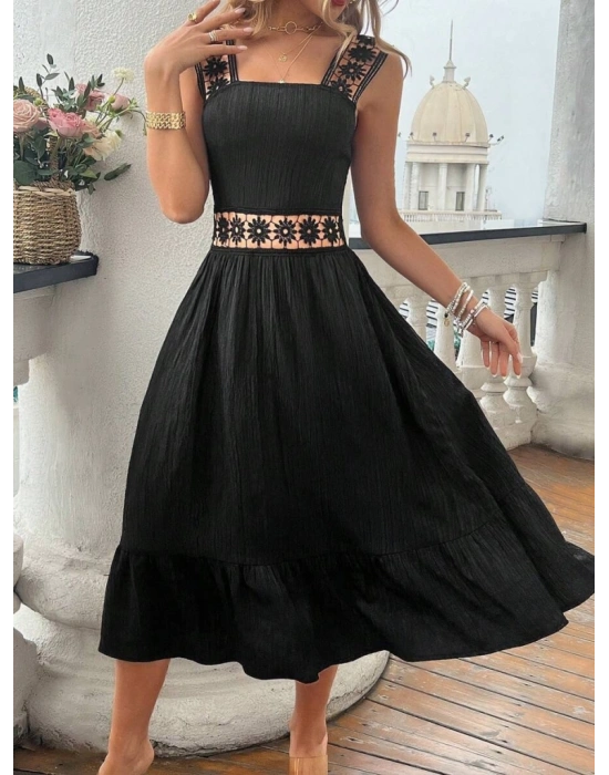 Kadın Askılı Ve Beli Dantel Detaylı Fırfırlı Uzun Bürümcük Elbise