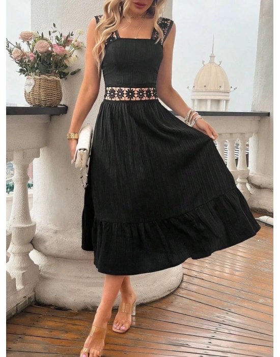 Kadın Askılı Ve Beli Dantel Detaylı Fırfırlı Uzun Bürümcük Elbise