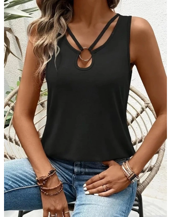 Kadın Askılı Yaka şerit Halka Detaylı Viskon Bluz