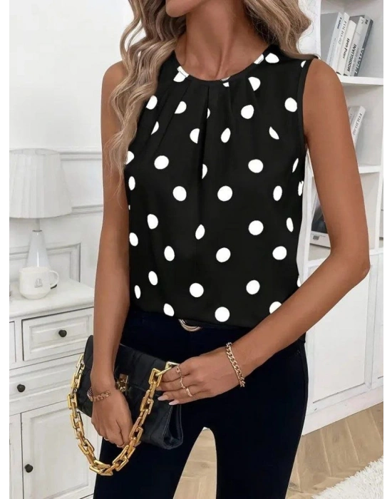 Kadın Askılı Yakası Büzgülü Puantiyeli Atlas Bluz