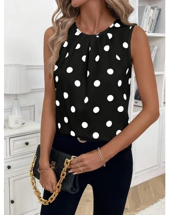 Kadın Askılı Yakası Büzgülü Puantiyeli Atlas Bluz