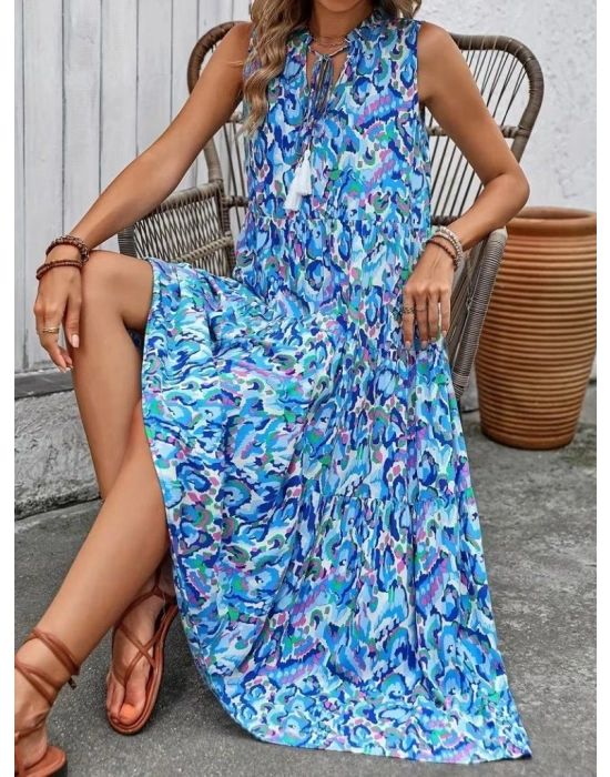 Kadın Askılı Yakası Fırfırlı Bağcıklı Desenli Uzun Süprem Elbise