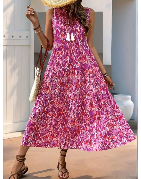 Kadın Askılı Yakası Fırfırlı Bağcıklı Desenli Uzun Süprem Elbise