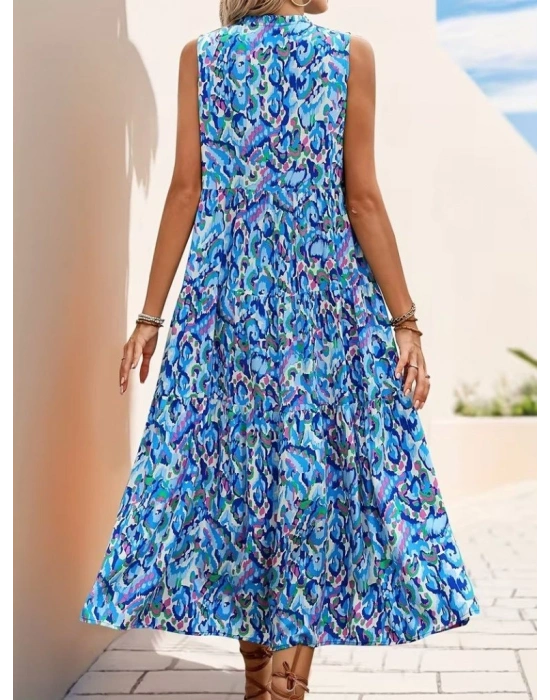 Kadın Askılı Yakası Fırfırlı Bağcıklı Desenli Uzun Süprem Elbise