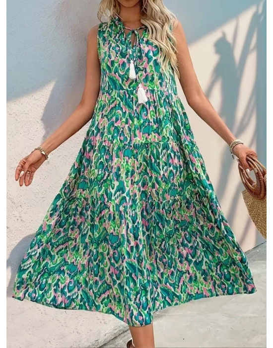 Kadın Askılı Yakası Fırfırlı Bağcıklı Desenli Uzun Süprem Elbise