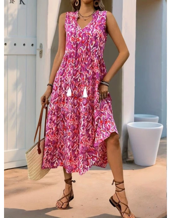 Kadın Askılı Yakası Fırfırlı Bağcıklı Desenli Uzun Süprem Elbise