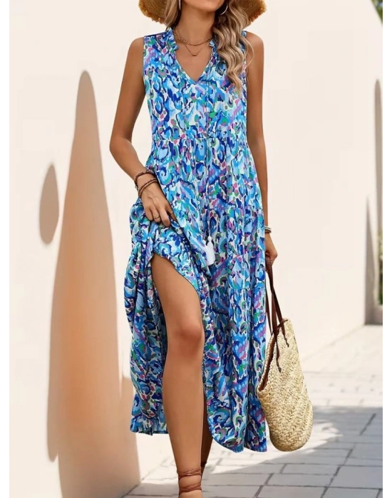 Kadın Askılı Yakası Fırfırlı Bağcıklı Desenli Uzun Süprem Elbise