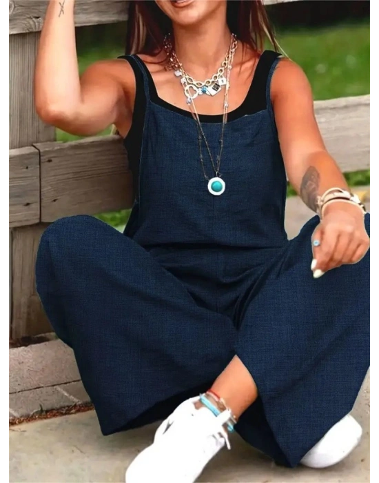 Kadın Askılı Yandan Fermuarlı Geniş Paçalı Valencia Tulum