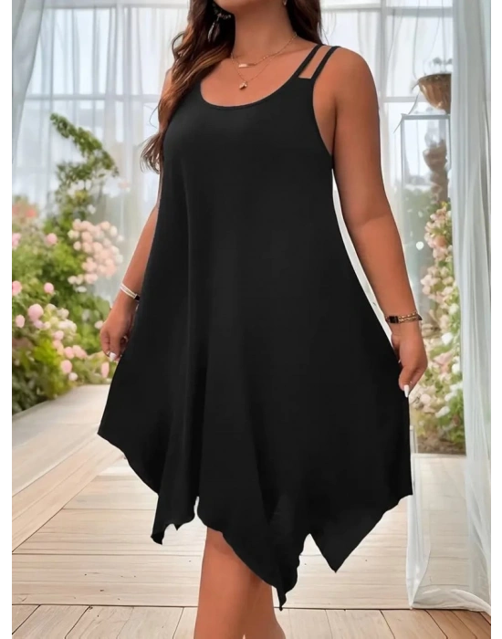 Kadın Askılı Yuvarlak Asimetrik Kesim Detaylı Viskon Elbise