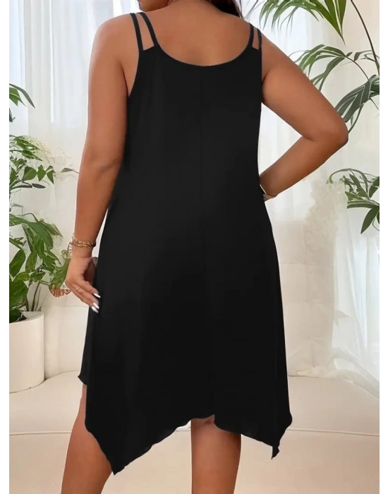 Kadın Askılı Yuvarlak Asimetrik Kesim Detaylı Viskon Elbise