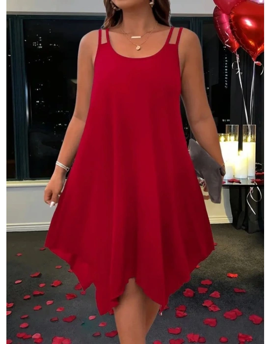 Kadın Askılı Yuvarlak Asimetrik Kesim Detaylı Viskon Elbise