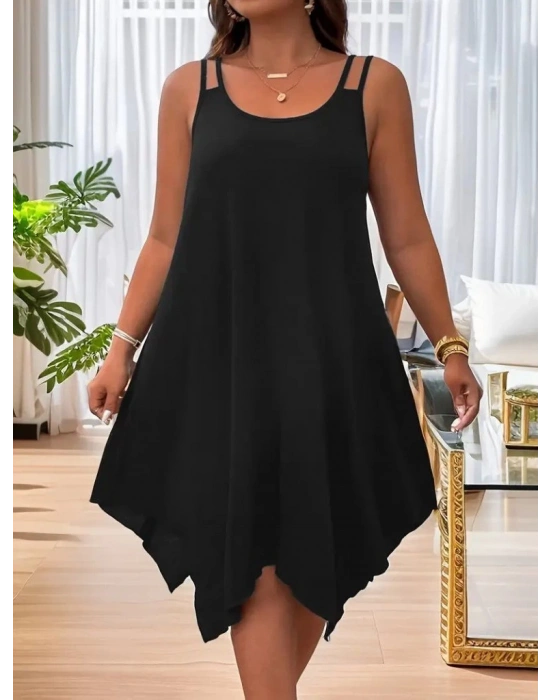 Kadın Askılı Yuvarlak Asimetrik Kesim Detaylı Viskon Elbise