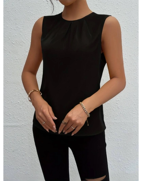 Kadın Askılı Yuvarlak Büzgü Yaka Sandy Bluz