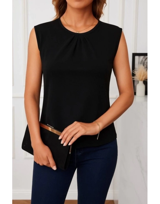 Kadın Askılı Yuvarlak Büzgü Yaka Sandy Bluz