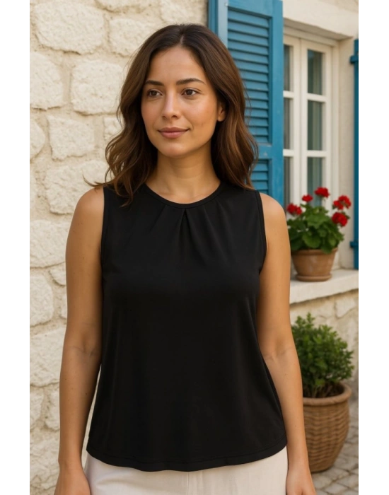 Kadın Askılı Yuvarlak Büzgü Yaka Sandy Bluz