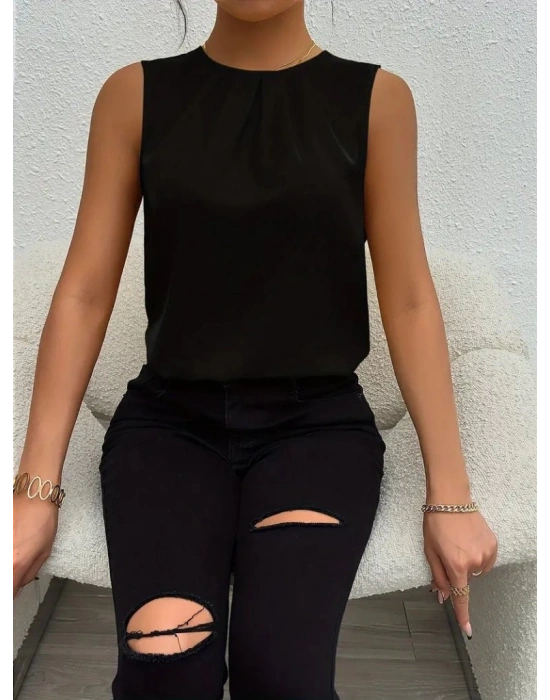 Kadın Askılı Yuvarlak Büzgü Yaka Sandy Bluz