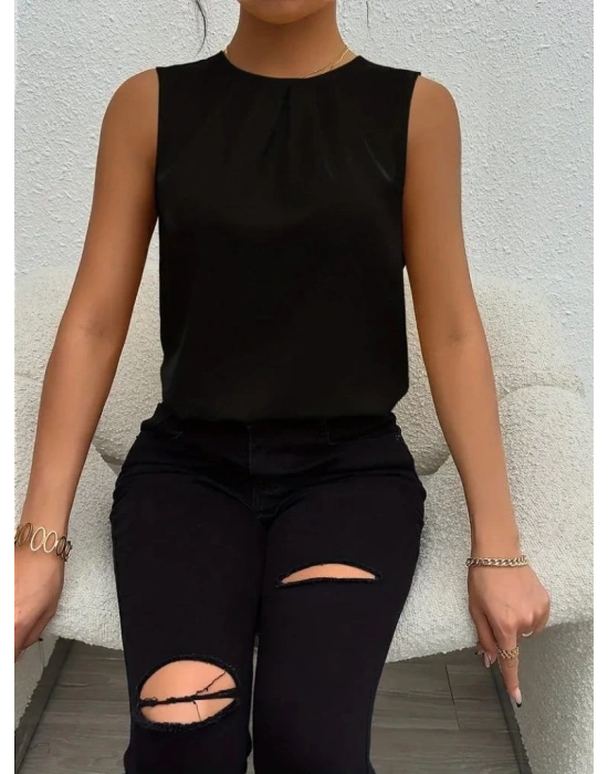 Kadın Askılı Yuvarlak Büzgü Yaka Sandy Bluz