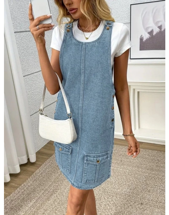 Kadın Askılı Yuvarlak Yaka A Kesim Cep Detaylı Kot Elbise