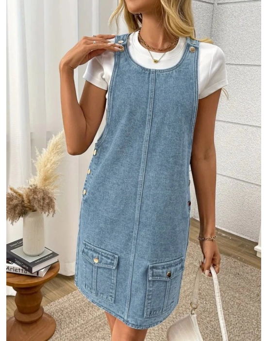 Kadın Askılı Yuvarlak Yaka A Kesim Cep Detaylı Kot Elbise