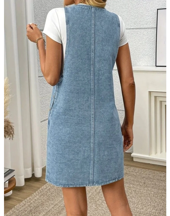 Kadın Askılı Yuvarlak Yaka A Kesim Cep Detaylı Kot Elbise