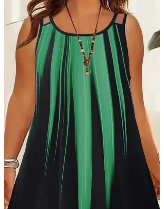 Kadın Askılı Yuvarlak Yaka Asimetrik Detaylı Desenli Süprem Elbise